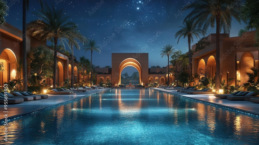luxurious desert oasis hotel blend of modern architecture and traditional middle eastern elements shimmering pool reflecting starry night sky palm trees framing the scene