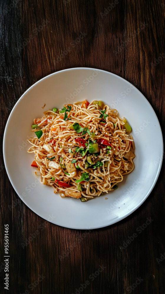 Noodles with vegetables and herbs on a wooden table Noodles with vegetables and herbs on a wooden table