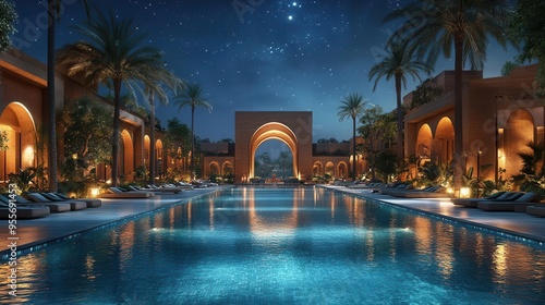 Obraz na płótnie luxurious desert oasis hotel blend of modern architecture and traditional middle eastern elements shimmering pool reflecting starry night sky palm trees framing the scene w salonie