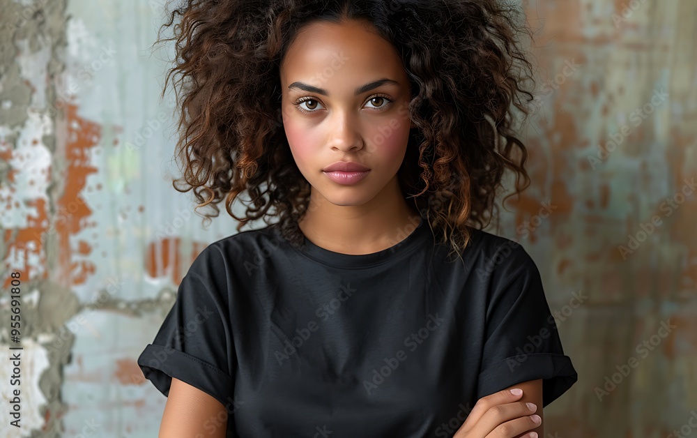 A young woman with curly hair and a serious expression looks directly at the camera with her arms crossed. A young woman with curly hair and a serious expression looks directly at the camera with her arms crossed.