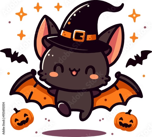 cute cartoon vectod halloween vampire cat and bat