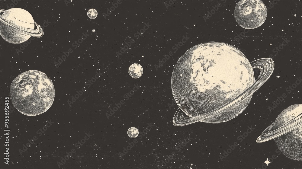 Naklejka premium Vintage celestial illustration of planets and stars in space