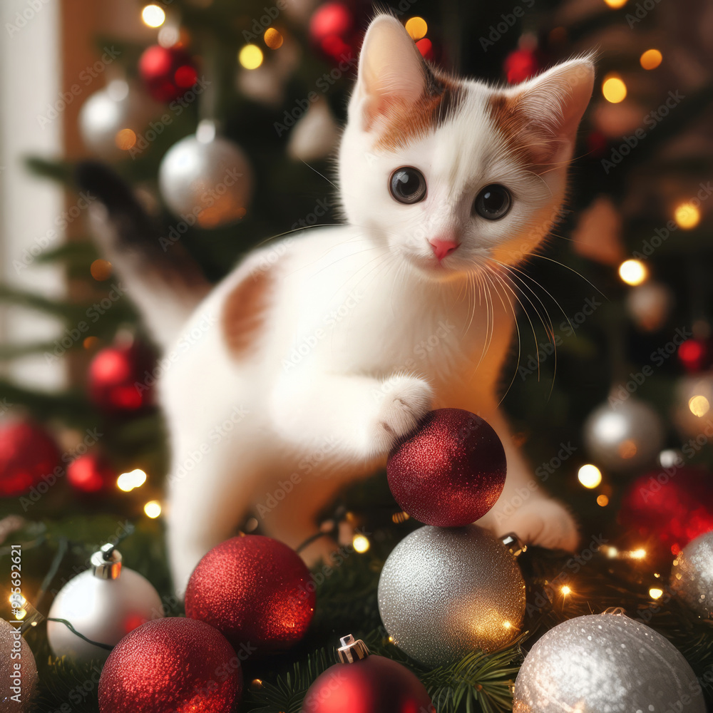 white cat with red spots next to the Christmas tree white cat with red spots next to the Christmas tree