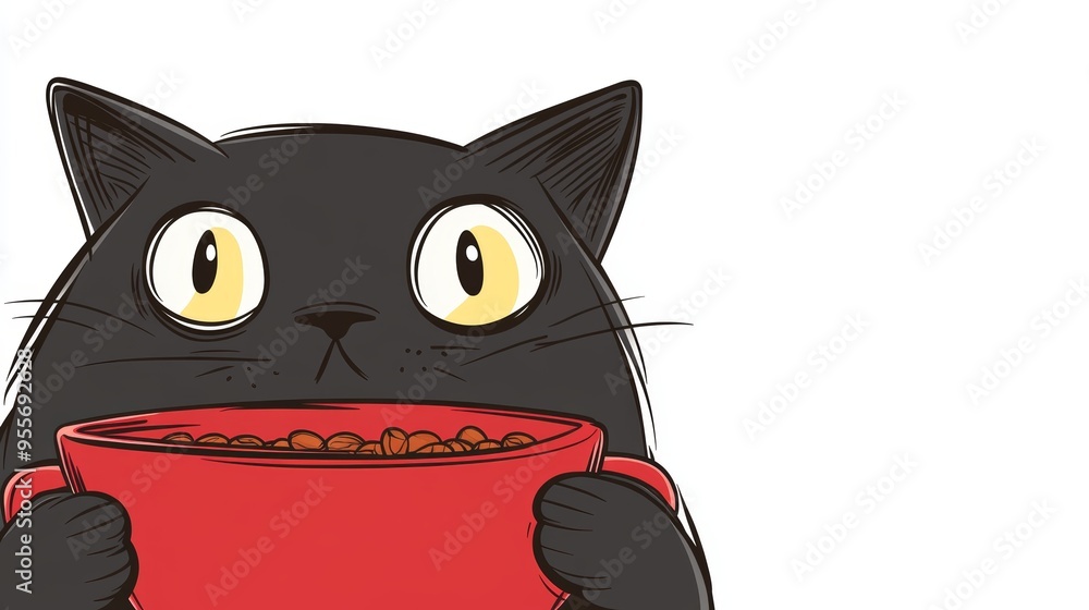 Fototapeta premium Cute cartoon black cat holding red bowl