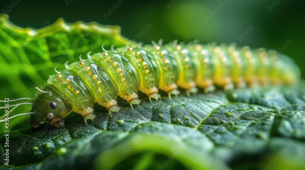 Naklejka premium macro view of silkworms on lush green mulberry leaves intricate textures soft natural lighting serene agricultural scene sustainable textile industry concept