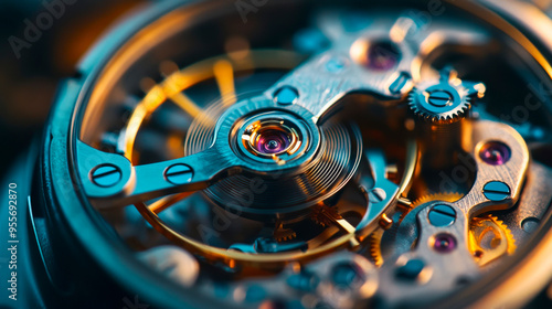 Intriguing macro of a watch’s inner mechanical movement. Macro view of the inner gears and mechanisms of a wristwatch. photo