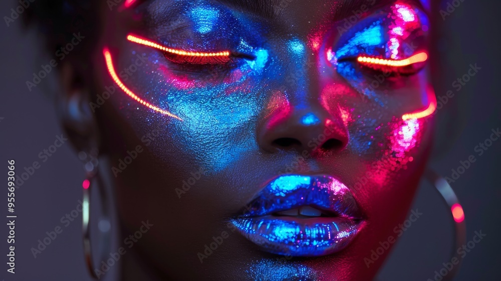 model with metallic silver lips in neon blue and purple lights model with metallic silver lips in neon blue and purple lights