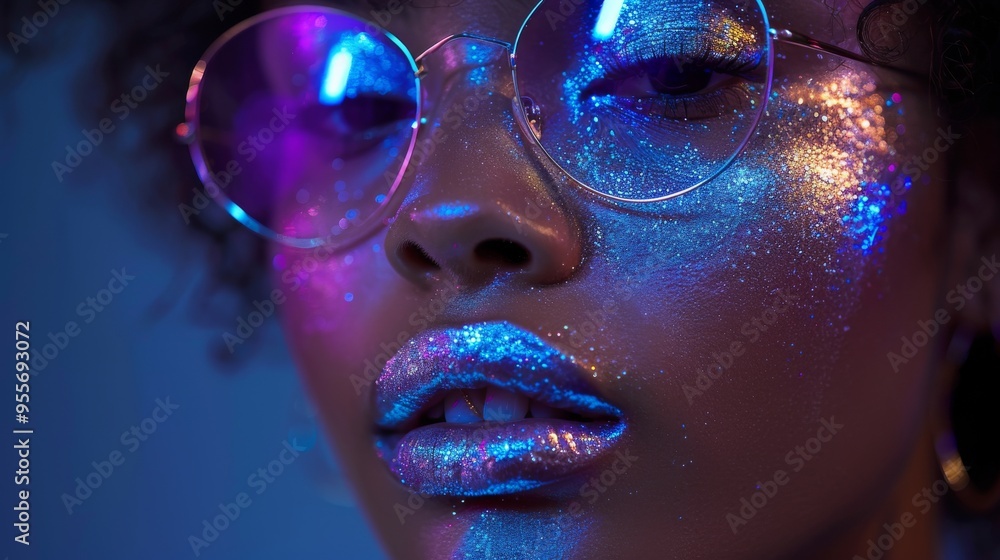 model with metallic silver lips in neon blue and purple lights model with metallic silver lips in neon blue and purple lights
