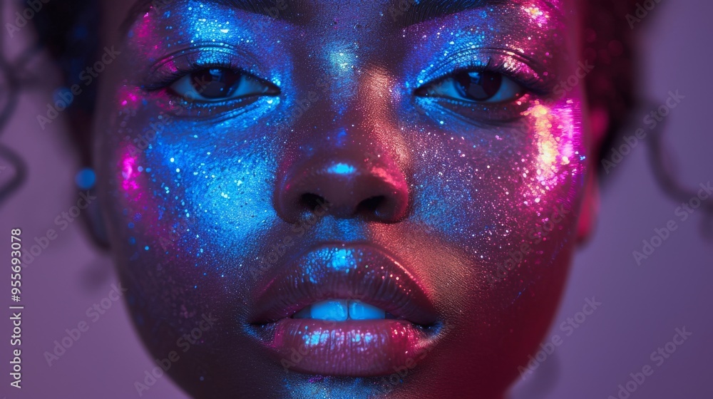 model with metallic silver lips in neon blue and purple lights model with metallic silver lips in neon blue and purple lights