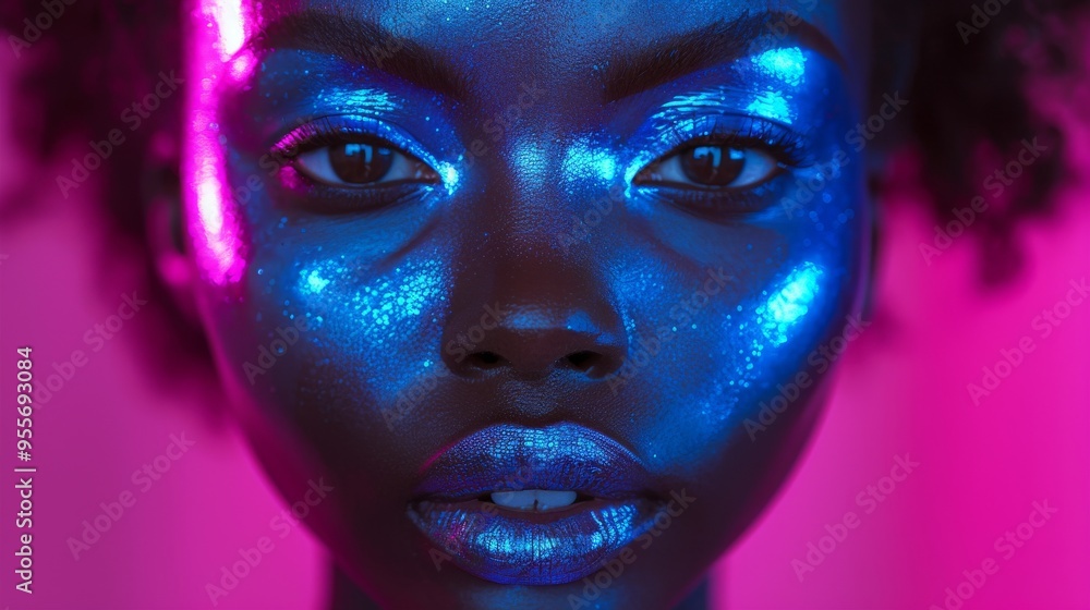 model with metallic silver lips in neon blue and purple lights model with metallic silver lips in neon blue and purple lights