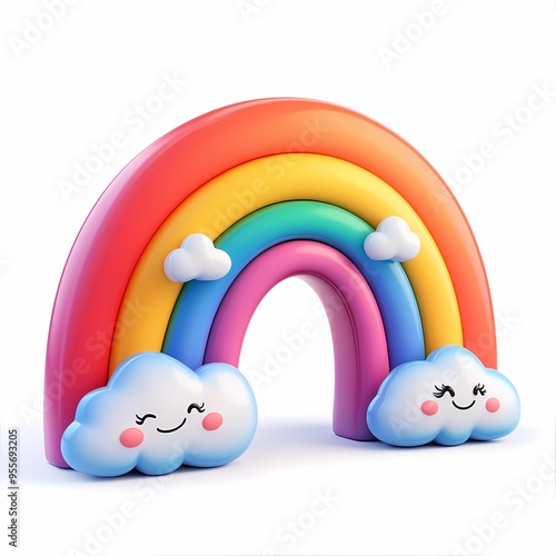 Cute Smiling Cartoon Rainbow with Clouds in Bright 3D Illustration