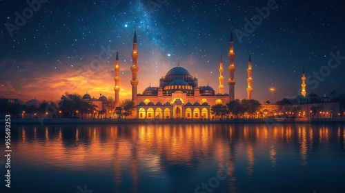 majestic blue mosque illuminated at night minarets piercing starry sky reflections in still water ethereal atmosphere