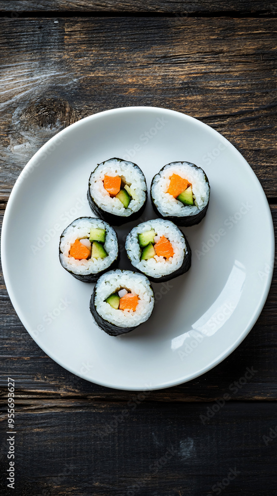 White plate on a dark wooden table features five salmon and cucumber sushi rolls White plate on a dark wooden table features five salmon and cucumber sushi rolls