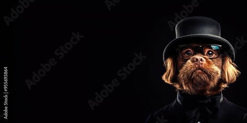 A dapper dog in glasses and a top hat poses elegantly against a dark backdrop, exuding charm and personality in this whimsical moment captured in time