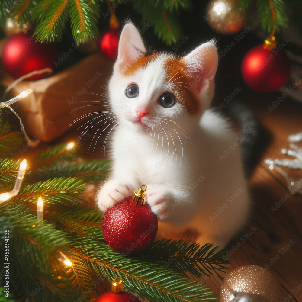 white cat with red spots next to the Christmas tree white cat with red spots next to the Christmas tree