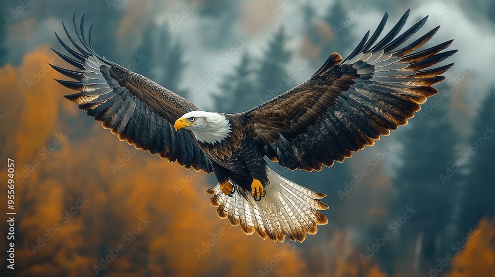 Obraz premium majestic flight bald eagle soaring through dramatic cloudscape wings fully extended piercing gaze symbol of freedom and strength