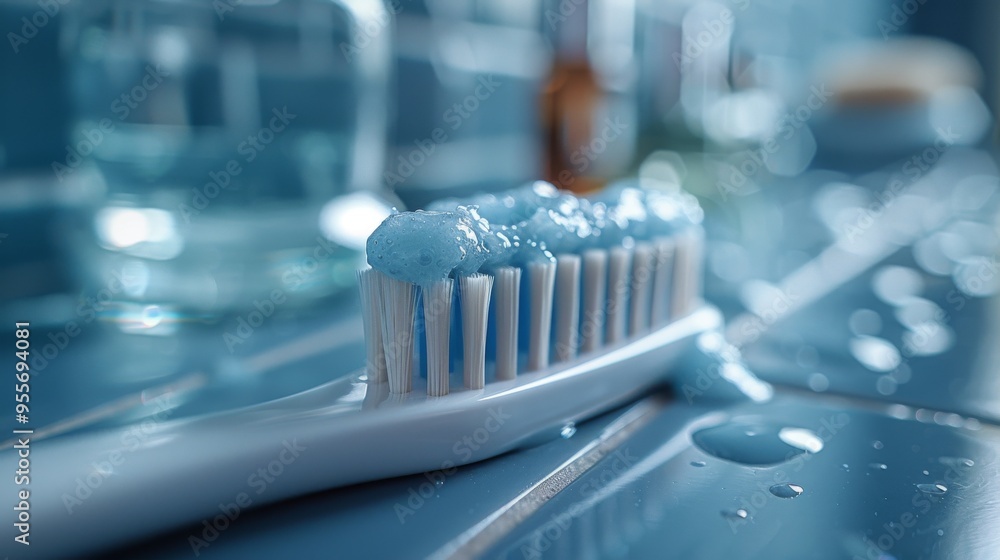 toothbrush with paste on it on the bathroom background toothbrush with paste on it on the bathroom background