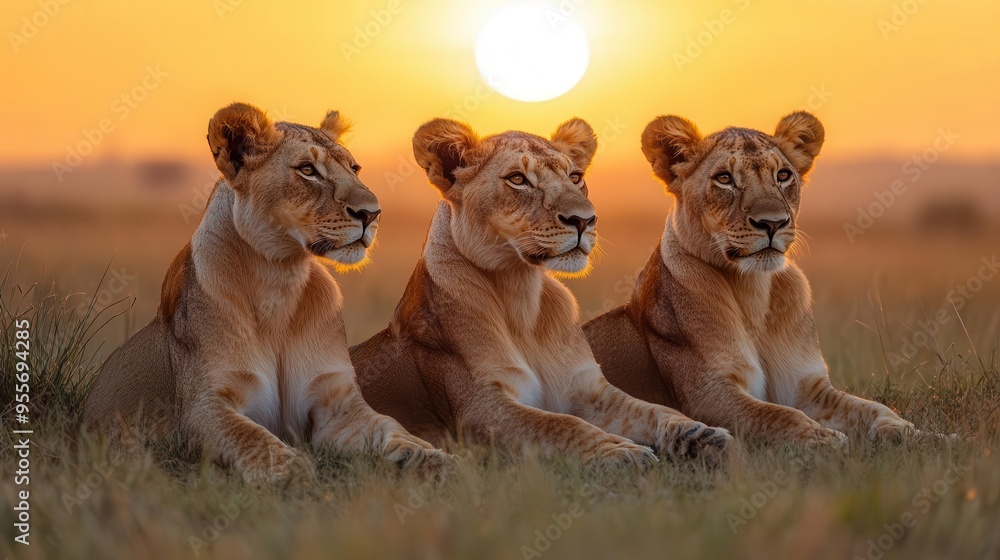 majestic golden lions lounging on sundrenched african savanna at sunset majestic golden lions lounging on sundrenched african savanna at sunset