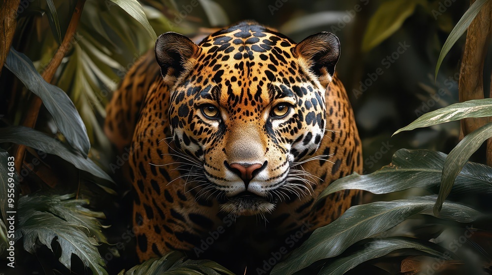majestic jaguar emerging from lush rainforest shadows muscles rippling beneath spotted coat intense golden eyes fixed on unseen prey majestic jaguar emerging from lush rainforest shadows muscles rippling beneath spotted coat intense golden eyes fixed on unseen prey