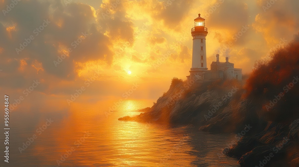 majestic lighthouse perched on rocky cliffs bathed in warm autumn sunset hues rain softly falls creating a misty atmosphere and reflecting golden light majestic lighthouse perched on rocky cliffs bathed in warm autumn sunset hues rain softly falls creating a misty atmosphere and reflecting golden light