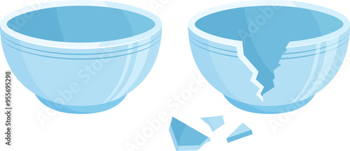 Ceramic broken bowl, empty clay plate crack, cartoon dish shattered. Porcelain jar break to pieces. Blue pot whole and cracked isolated on white background. Tableware vector illustration