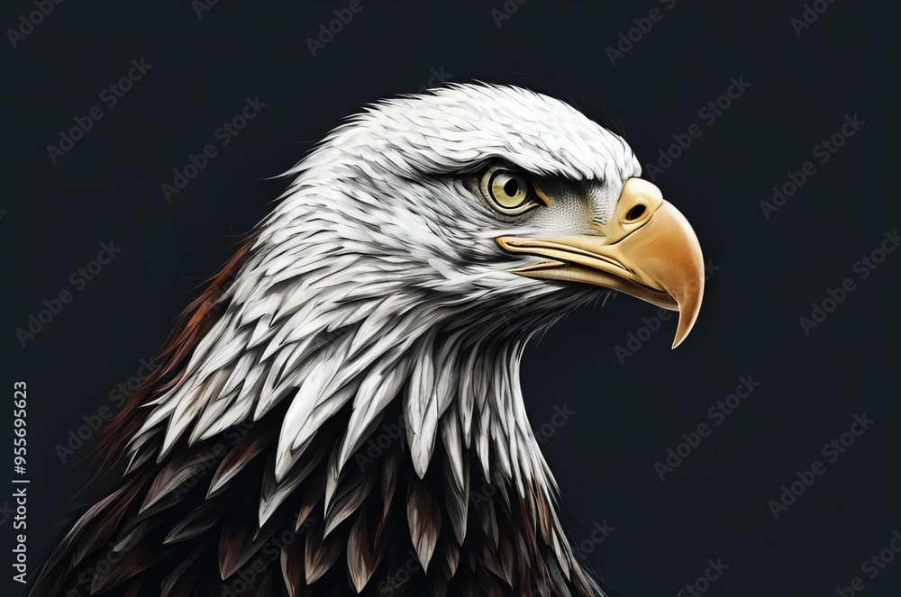 Fototapeta premium A majestic bald eagle on a black background symbolizing freedom and pride. Holiday 4th of July. A majestic eagle showing strength and freedom. Space for text. Independence Day in America