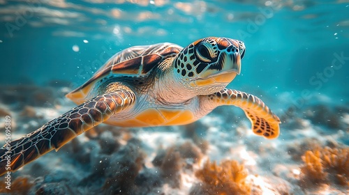 majestic sea turtle gliding through crystalclear tropical waters vibrant coral reef in background sunlight filtering through surface creates dappled patterns on turtles shell photo