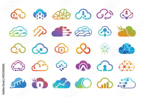 Set of cloud tech logo. Cloud hosting logo design.