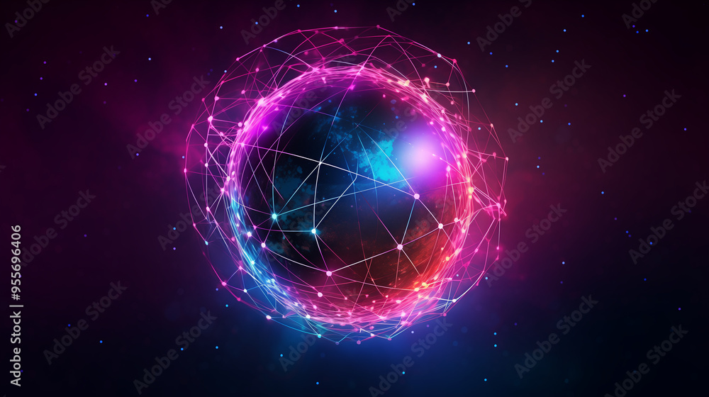 Futuristic Digital Globe with Neon Connections, Cyber Technology Concept