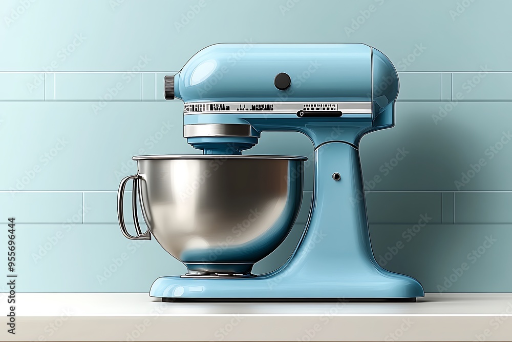 A blue stand mixer with a stainless steel bowl, an illustration of a kitchen appliance. A blue stand mixer with a stainless steel bowl, an illustration of a kitchen appliance.
