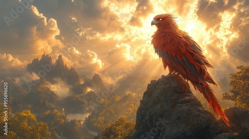 majestic winged creature perched on craggy cliff overlooking fantastical landscape bathed in ethereal sunlight photo