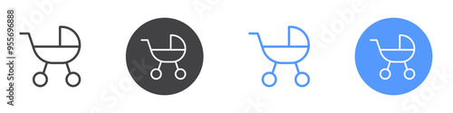 Baby carriage icon Flat set in black and white color
