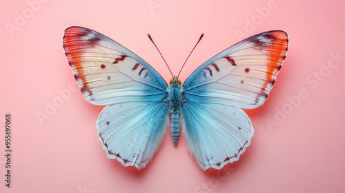 Beautiful blue butterfly with orange tips resting on pink background photo