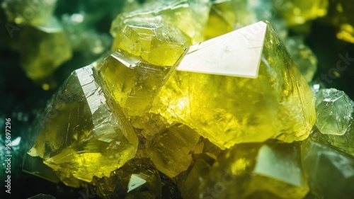 Macro shot of chrysoberyl with vibrant yellow colors and clear facets. photo