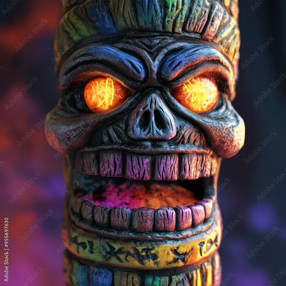 Vibrant tropical tiki statue with glowing eyes in a colorful background Vibrant tropical tiki statue with glowing eyes in a colorful background