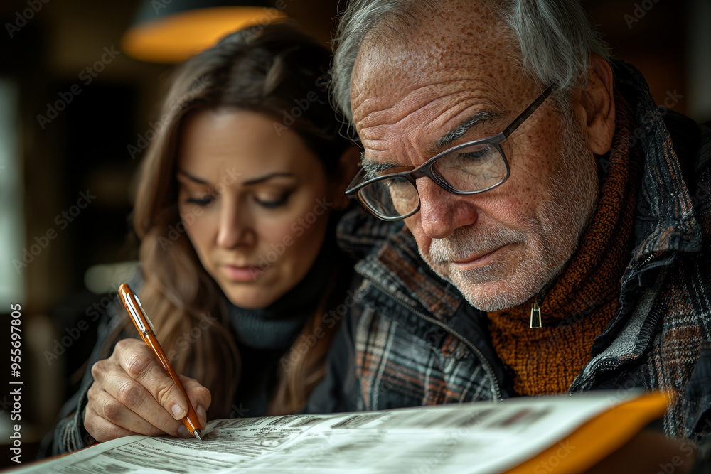 A financial planner and client reviewing a retirement account with diminishing funds, highlighting issues with long-term savings. Concept of retirement planning and savings depletion. A financial planner and client reviewing a retirement account with diminishing funds, highlighting issues with long-term savings. Concept of retirement planning and savings depletion.