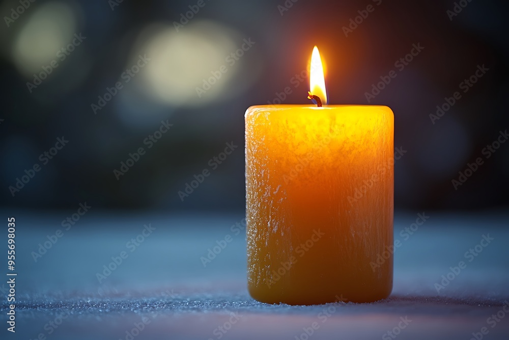 A lone candle softly glows on a snowy surface, evoking Christmas warmth. A lone candle softly glows on a snowy surface, evoking Christmas warmth.