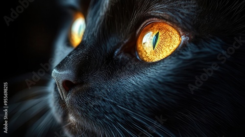 mesmerizing closeup of black cats face highlighting mysterious golden eyes and sleek ebony fur in dramatic chiaroscuro photo