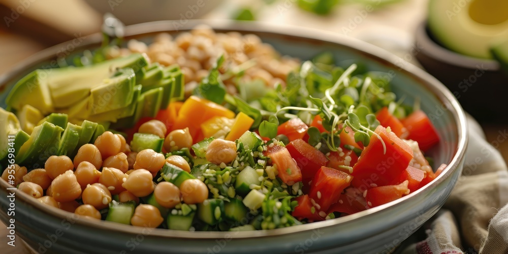Nutritious salad featuring chickpeas bell pepper avocado and grains Vegetable bowls to support a balanced diet Nutritious salad featuring chickpeas bell pepper avocado and grains Vegetable bowls to support a balanced diet