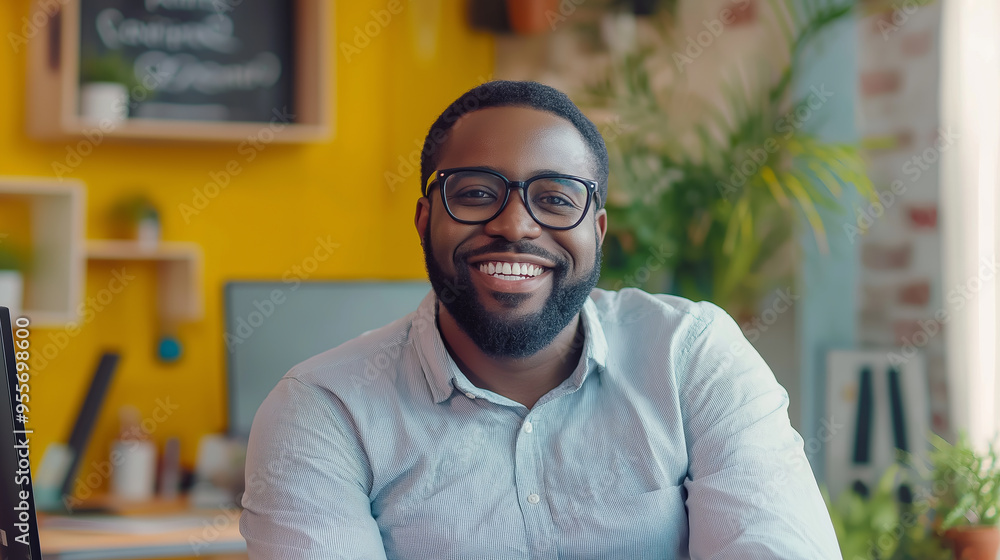 Smiling man in glasses and blue shirt looks at camera. Smiling man in glasses and blue shirt looks at camera.