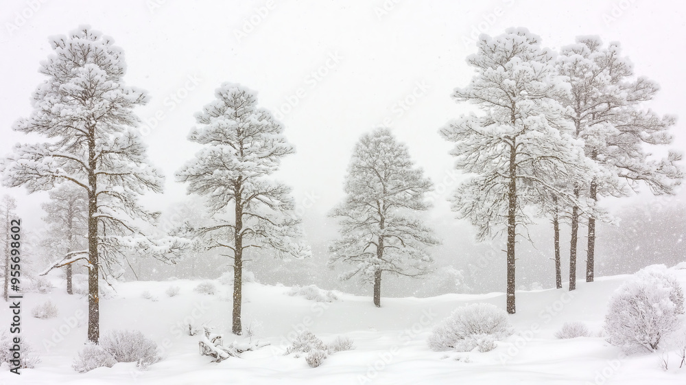 Snow-covered pine trees in a winter wonderland. Snow-covered pine trees in a winter wonderland.