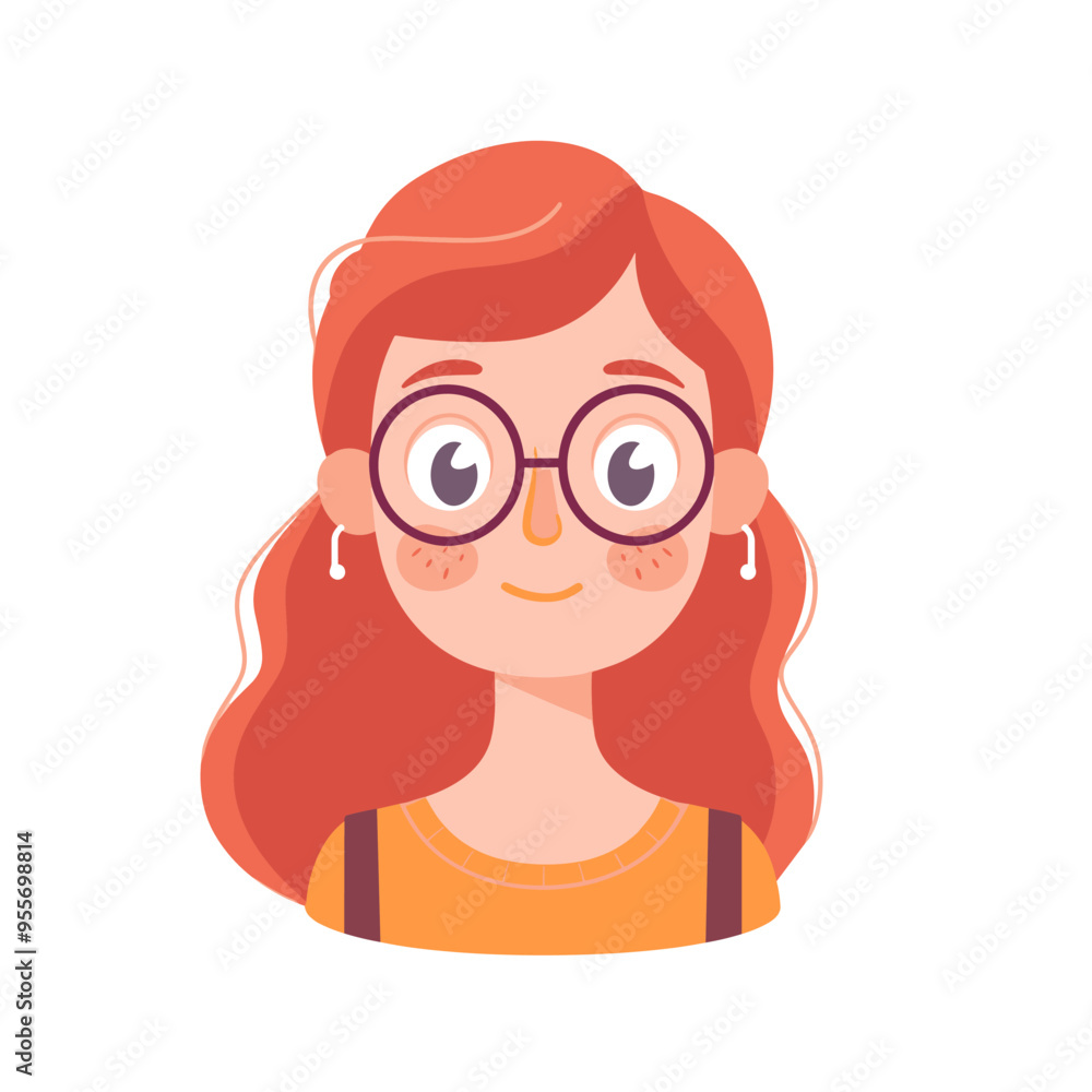 A girl with red hair and glasses is smiling. She is wearing a yellow shirt and a brown backpack