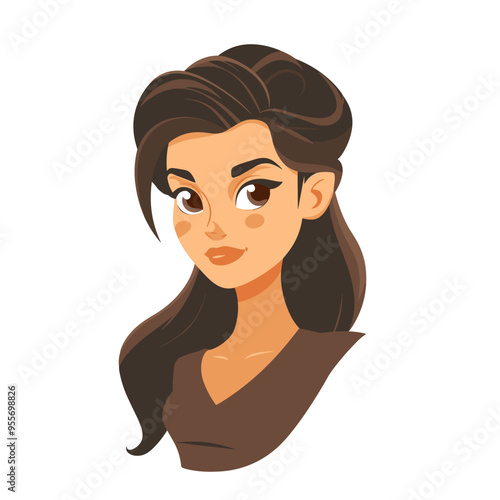 A cartoon girl with brown hair and brown eyes. She is smiling
