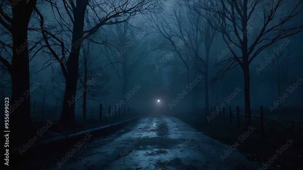 Dark forest landscape view spooky night under blue moonlight, scary scene old road in jungle