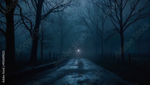 Obraz na płótnie Dark forest landscape view spooky night under blue moonlight, scary scene old road in jungle w salonie
