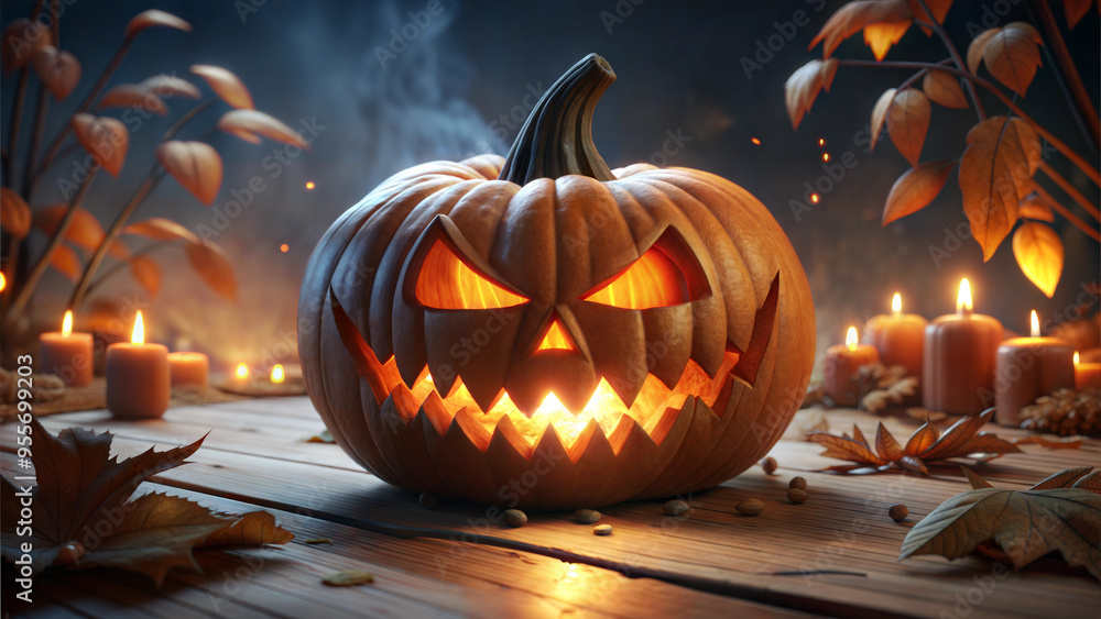 Fototapeta premium Glowing Jack-O'-Lantern Surrounded by Autumn Leaves and Candles for Halloween