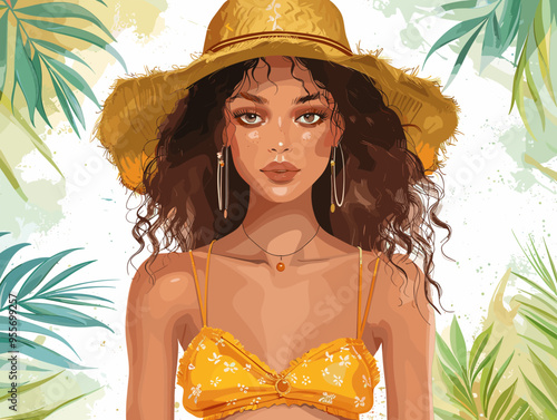 A woman wearing a yellow bikini top and a straw hat. The hat is brown and has a fringe photo