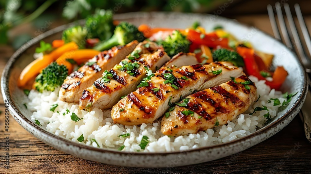 Grilled chicken and white rice with colorful vegetables on the plate Grilled chicken and white rice with colorful vegetables on the plate