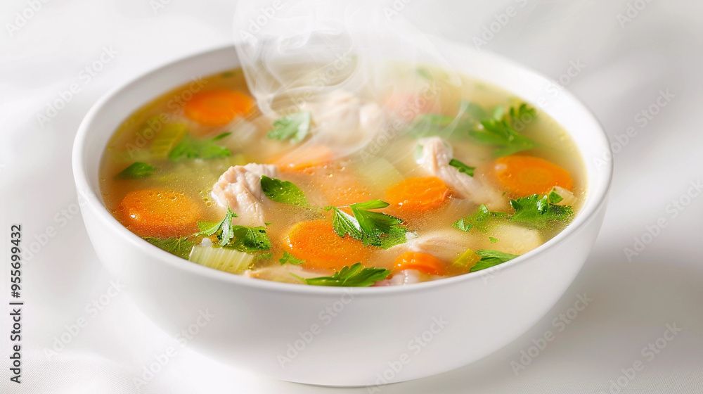 Hot chicken soup with vegetables in it isolated on white background Hot chicken soup with vegetables in it isolated on white background