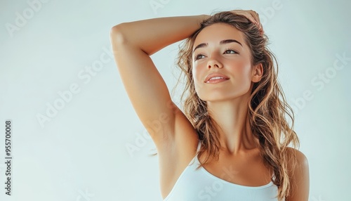 Aesthetic portrait of a woman highlighting underarm for hair removal and personal care awareness